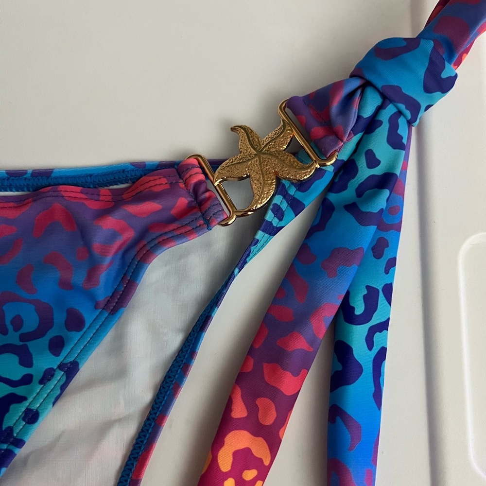 Blue Pink Leopard Halter Starfish Decor Side Tie Bikini Set - Picture 9 of 12